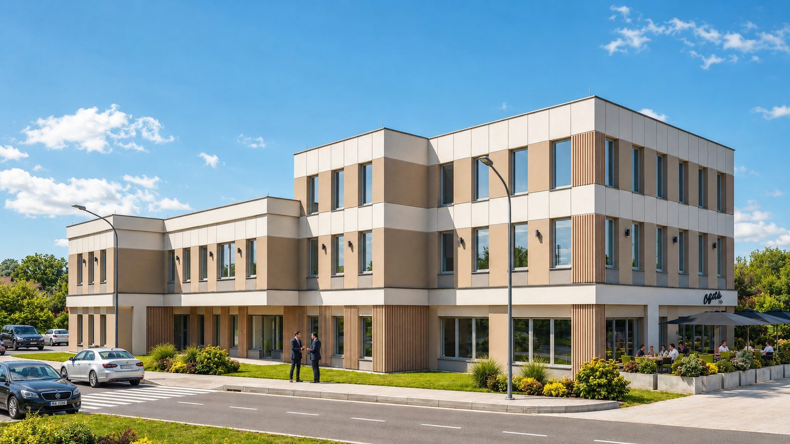 Wizualizacja Corner 48 w dzien - naroznik od skrzyzowania, witryny parteru na dwie elewacje